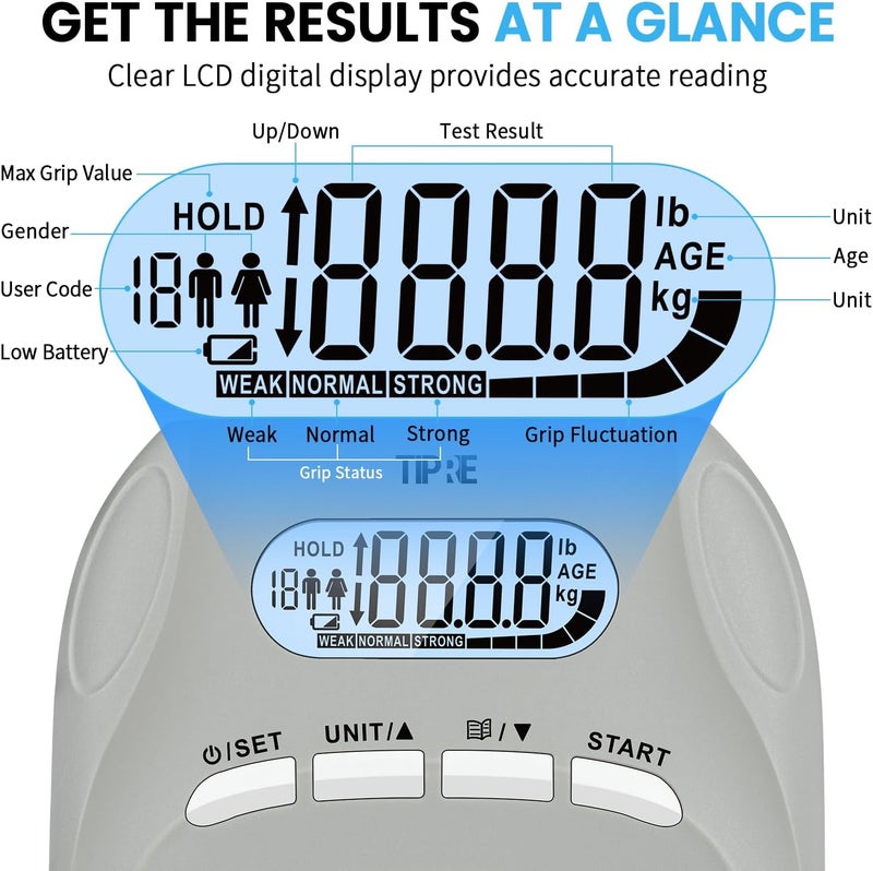 TIPRE 396lbs/180kg Grip Strength Tester, Hand Grip Dynamometer, Digital Grip Strength Tester with LCD Display, Adjustable Hand Grip Training Gauge, Hand Grip Testing for Sports Home School Use - Image 3